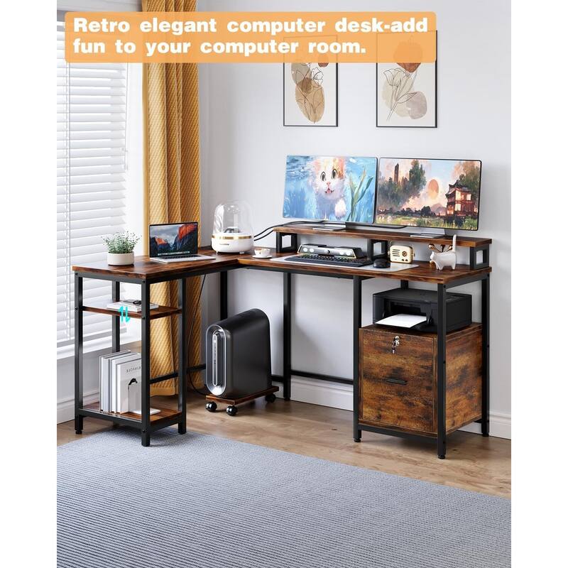 U Shaped Desk, 126 Inch Gaming Desk with Monitor Stand and LED Lights