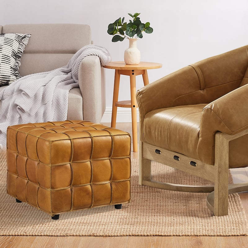 Art Leon Top Grain Leather Square Pouf Ottoman - Yellow Brown
