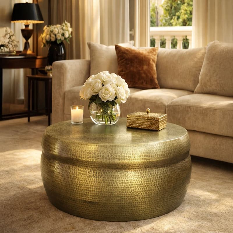 32 Inch Artisanal Round Drum Coffee Table, Hammered Embossed Texturing, Aluminum, Antique Brass
