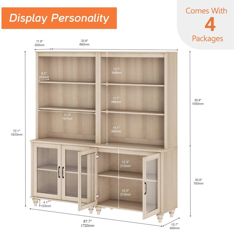 Light Beige Bookcase with Doors, Large Wood Farmhouse Book Case Shelf