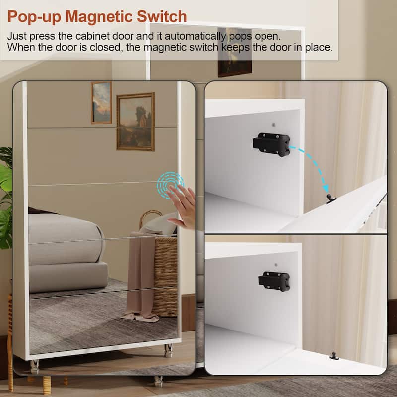 Mirror Shoe Cabinet with 6 Flip-Down Drawers, Storage Organizer with Hand-Touch Door and Metal Legs