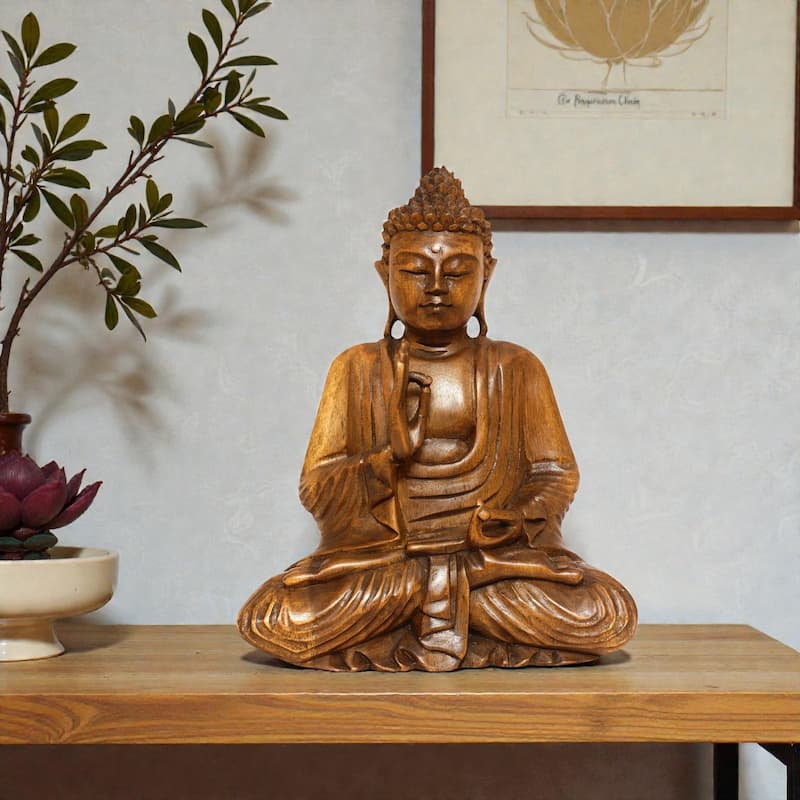Wooden Serene Sitting Buddha "Vitarka Mudra" Statue Handmade Meditating Sculpture Figurine Home Decor Accent Handcrafted Art