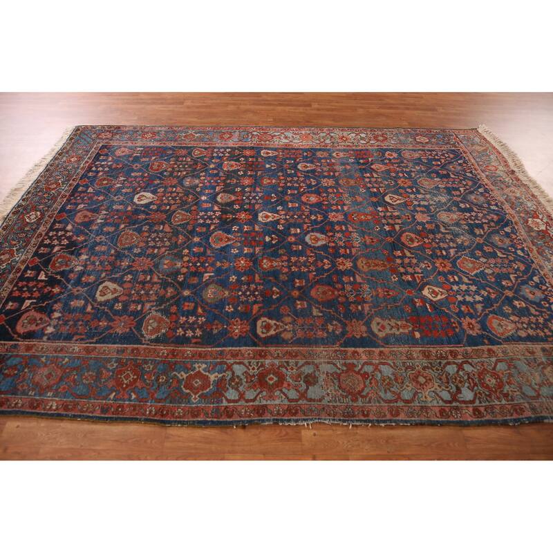 Hand Knotted Oriental 100% Wool Carpet Traditional Geometric Navy Blue & Blues Heriz (serapi) Area Rug - 9' 9'' X 7' 0''