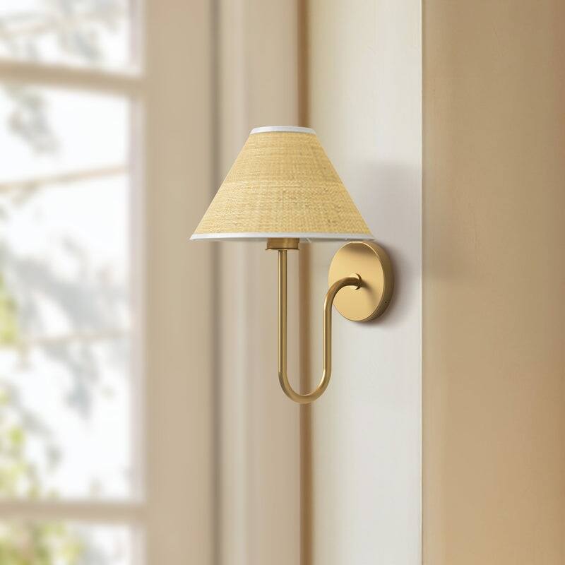 Mysa Wall Light Sconce - Metal, Raffia & Natural Beige, Gold Wall Sconce for Bedroom or Bathroom in Modern, Mid-Century Style