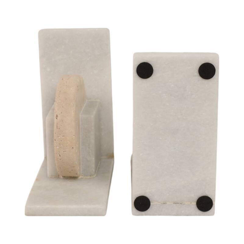 Decorative Geometric Marble Bookends - Set of 2 , 6", White & Tan - 6.0"
