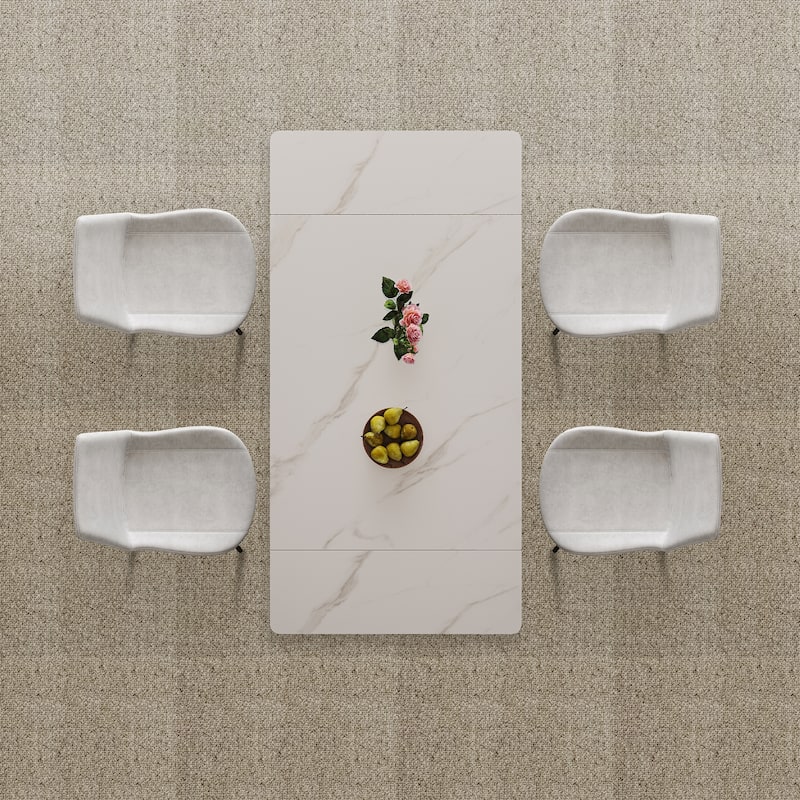 Retractable Sintered Stone Dining Table Set,with steel legs and a cross-leg structure at the bottom(Table + 4 Chairs)