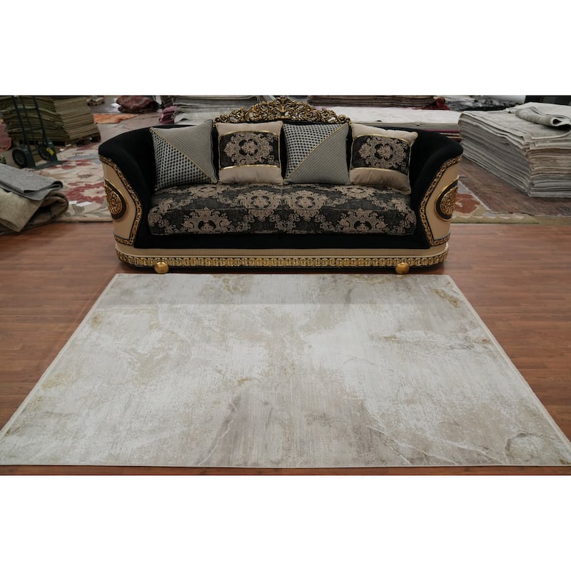 Machine Made Oriental Polyester Carpet Abstract Beige & Ivories Distressed Area Rug - 7' 5'' X 5' 2''