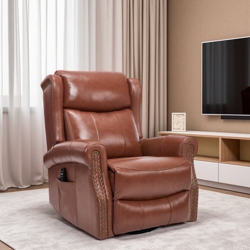 Leather Swivel Rocking Recliner Chair with 8-Point Massage, Lumbar Heat, 360° Rotation & 155° Adjustable Recline