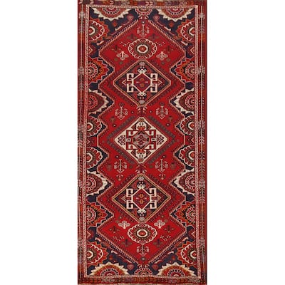 Hand Knotted Oriental 100% Wool Carpet Traditional Tribal Red Shiraz Runner Rug - 9' 1'' X 3' 7''