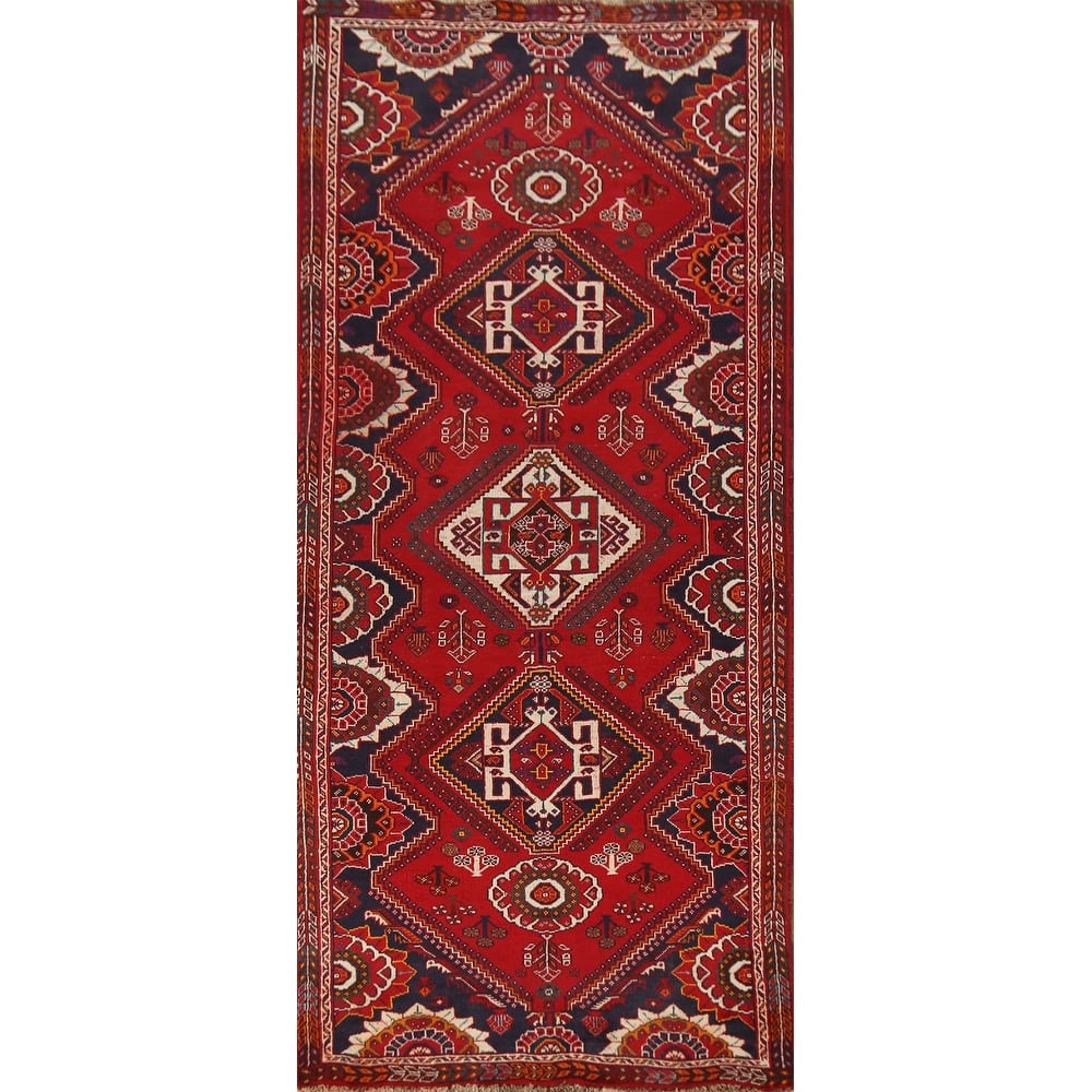 Hand Knotted Oriental 100% Wool Carpet Traditional Tribal Red Shiraz Runner Rug - 9' 1'' X 3' 7''