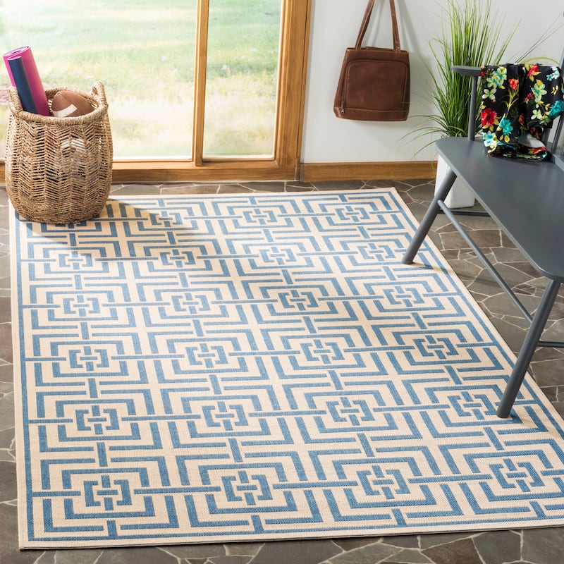 SAFAVIEH Linden Darla Indoor/ Outdoor Waterproof Patio Backyard Rug - 5'3"x7'6" - Cream/Blue