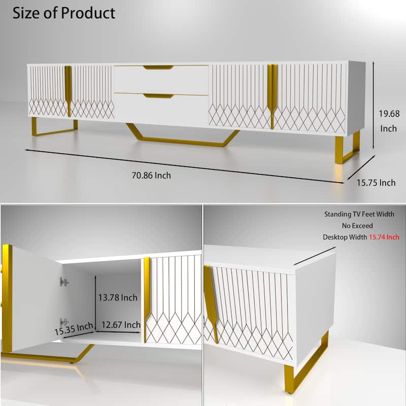 Modern Carved Design TV Stand, Large Storage Console with Storage Cabinets and Metal Legs, for Living Room and Bedroom, White