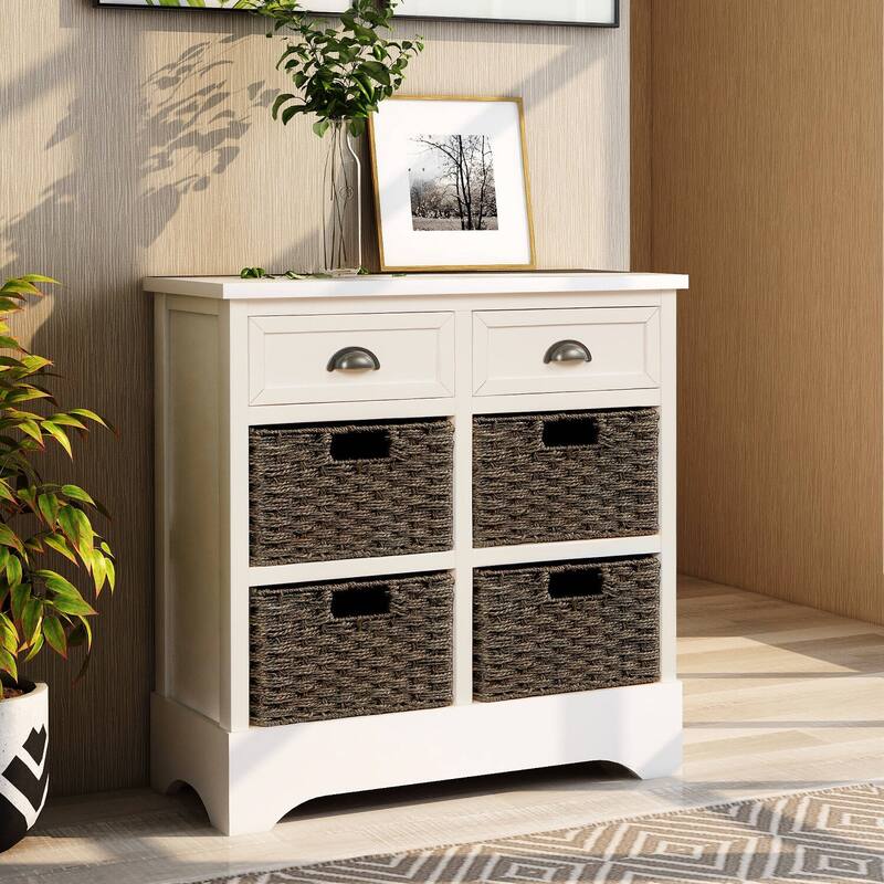 Rustic Storage Cabinet with Two Drawers and Four Classic Rattan Basket - White
