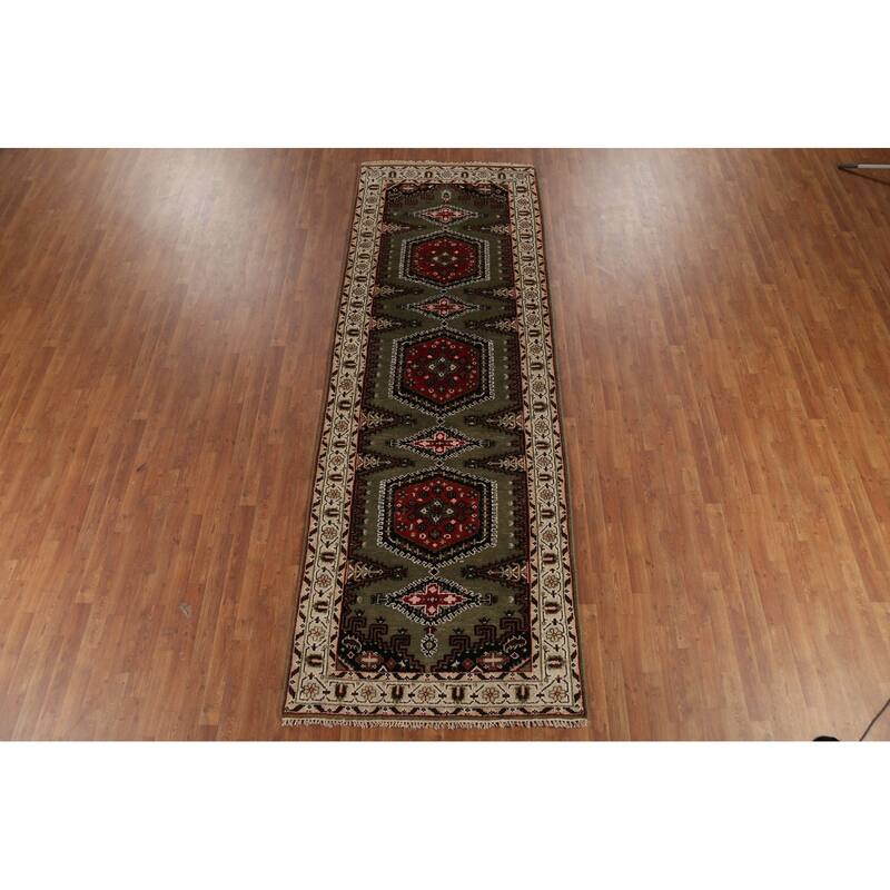 Green Geometric Viss Indian Runner Rug Handmade Wool Carpet - 4'1"x 11'10"