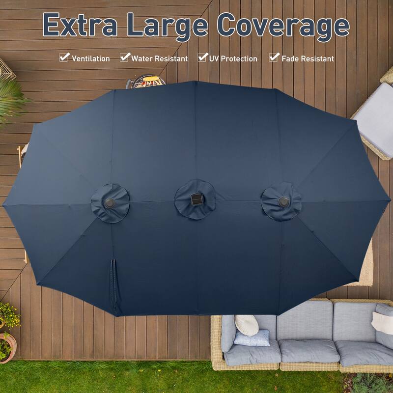15ft Patio Umbrella Outdoor Market Umbrella with Base and LED Lights