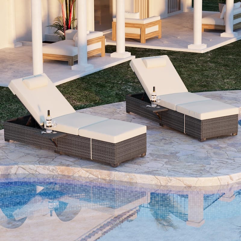 Outdoor Patio Chaise Lounge Chairs Set of 2, Pe Wicker Lounge Chairs with Removable Furniture Cushion