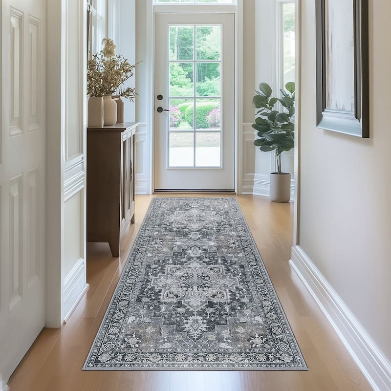 Mcow Grey Floral Low Pile Machine Washable Non-Slip Area Rug - 2'X7' - Grey - Rectangle