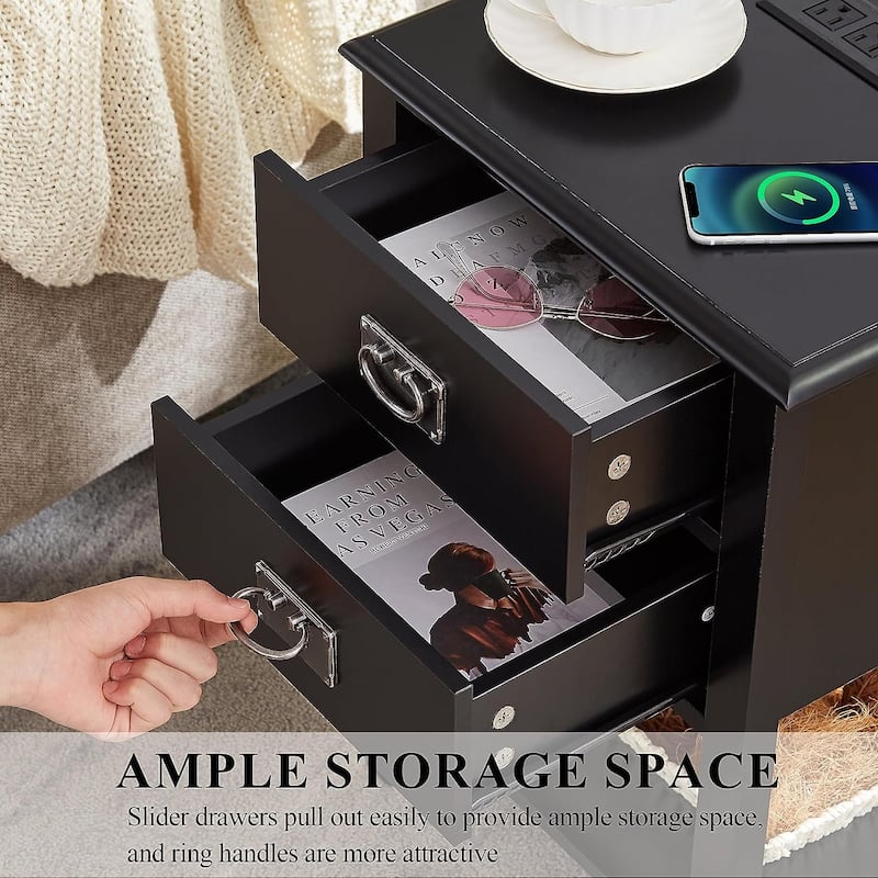 Javlergo Set of 2 Wooden Nightstand with Charging Station, Side End Table with USB Drawer and Open Storage Shelf