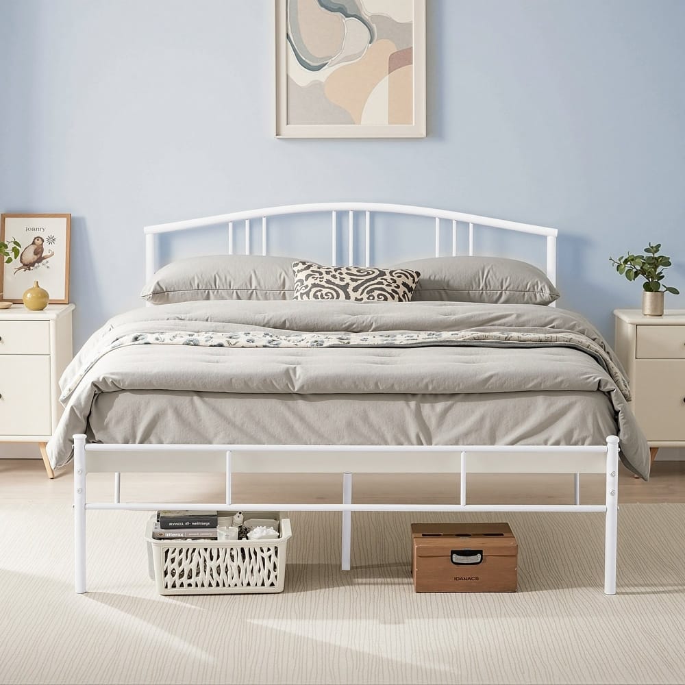 VECELO Metal Platform Bed Frame with Curved Slatted Headboard No Box Spring Needed Heavy Duty Bed for Adults Kids