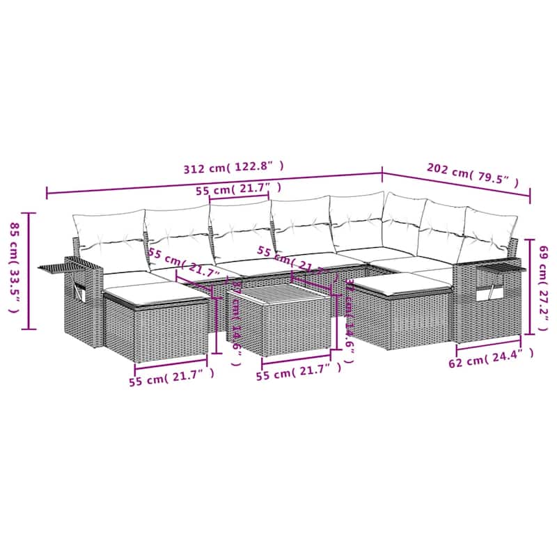 vidaXL Garden Sofa Set 10 Piece with Cushions Outdoor Sofa Set Poly Rattan - 21.7 x 21.7 x 14.6 in (W x L x H)