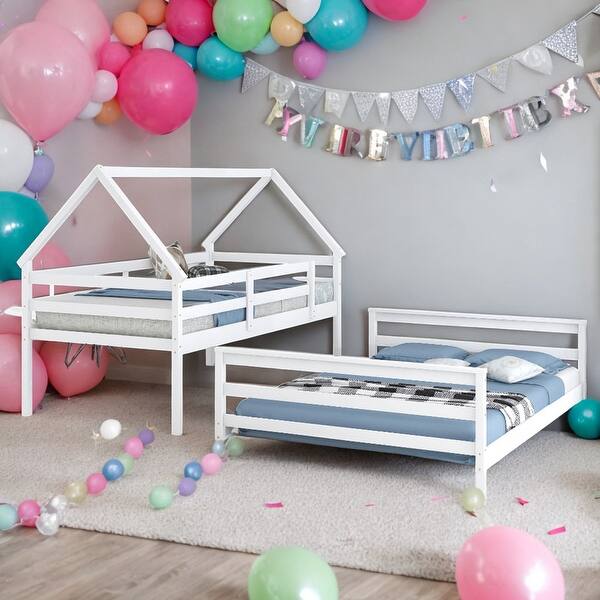 slide 2 of 20, Twin Over Full House Bunk Bed With Built-in Ladder for Home White