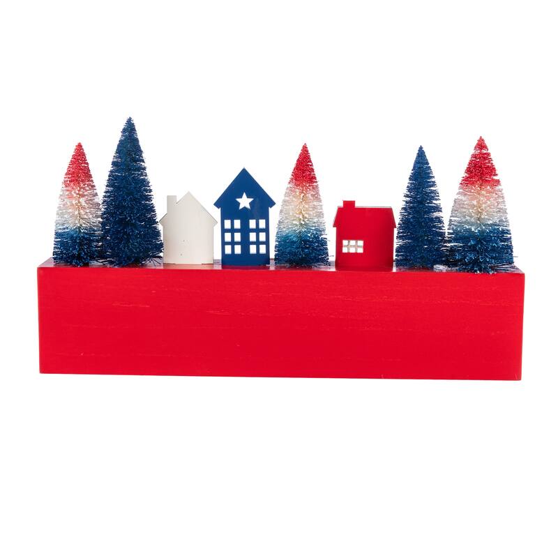 Glitzhome 14''L Patriotic/ Americana Wooden House Brush Trees Table Decor