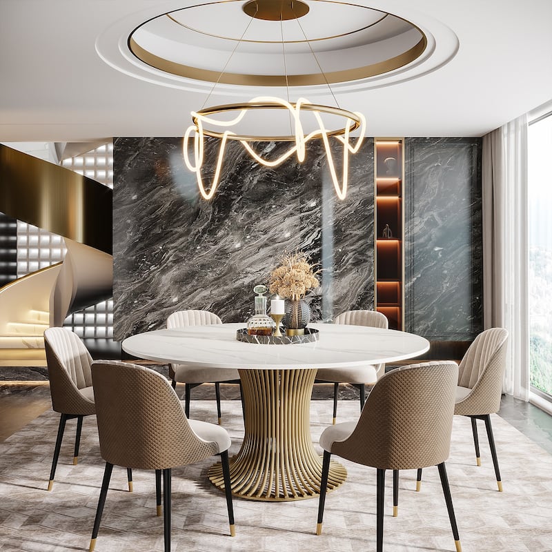59" Modern Sintered Stone Round Dining Table for 6-8 People ,Gold Pedestal Kitchen Table - 59"D