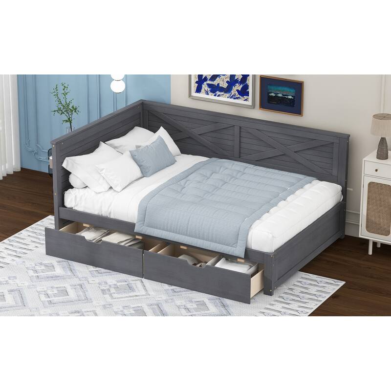 Grey Twin Size Bed with Drawers and Rustic Guardrail