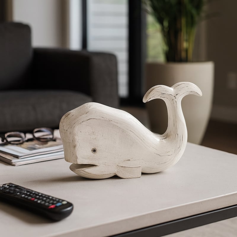 Handcrafted Wooden Whale Figurine Sculpture - 15", White - 15.0"