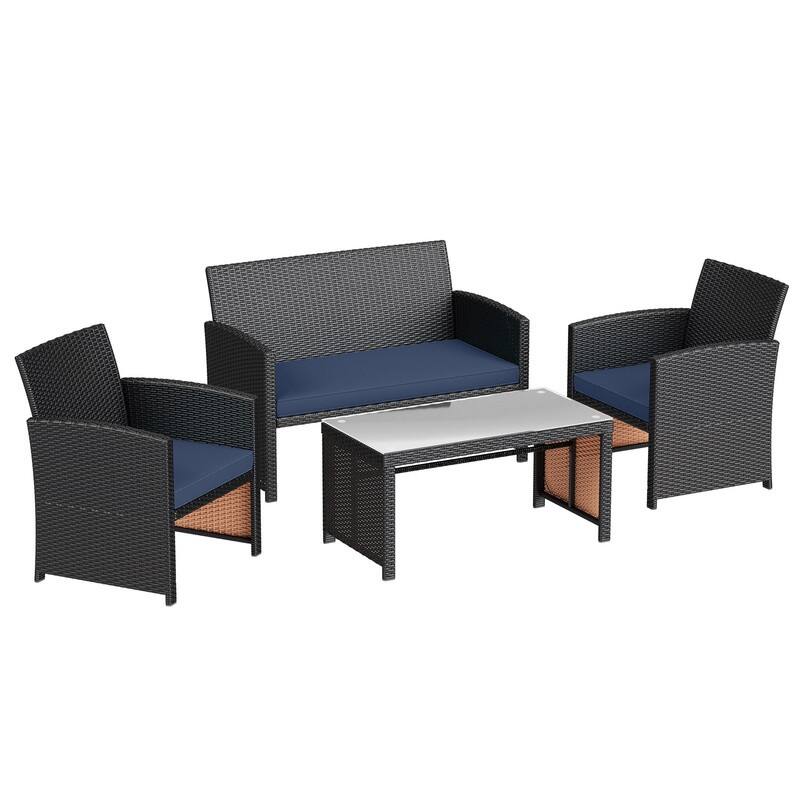 EROMMY 4-Piece Patio Furniture Set with Cushions, Wicker Sofa and Glass Coffee Table, All-Weather PE Rattan Conversation Set