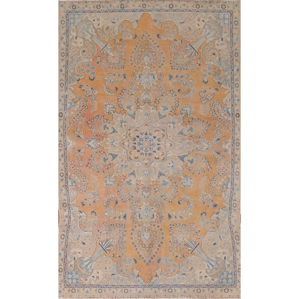 Hand Knotted Oriental 100% Wool Carpet Traditional Floral Oranges & Rust Mashad Area Rug - 8' 10'' X 5' 6''