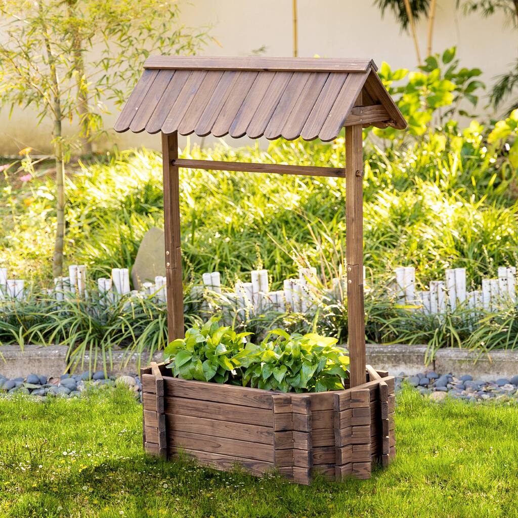Outsunny Wooden Wishing Well Garden Bed, Rustic Outdoor Flower Planter Patio Ornamental for Plants/Herb/Vegetables, Rustic Brown