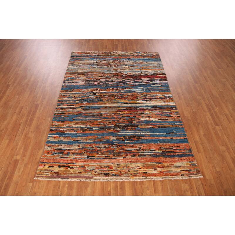 Moroccan Oriental Area Rug Handmade Stripe Wool Carpet - 6'4" x 9'6"