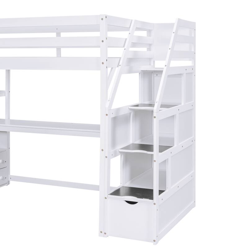 Twin Loft Bed with Desk, Shelves, Storage Staircase, and Two Drawers in White