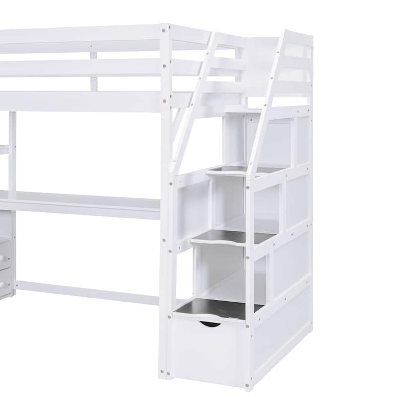 Twin Size Loft Bed w/Desk,Shelves,Built-in Drawers,Storage Staircase
