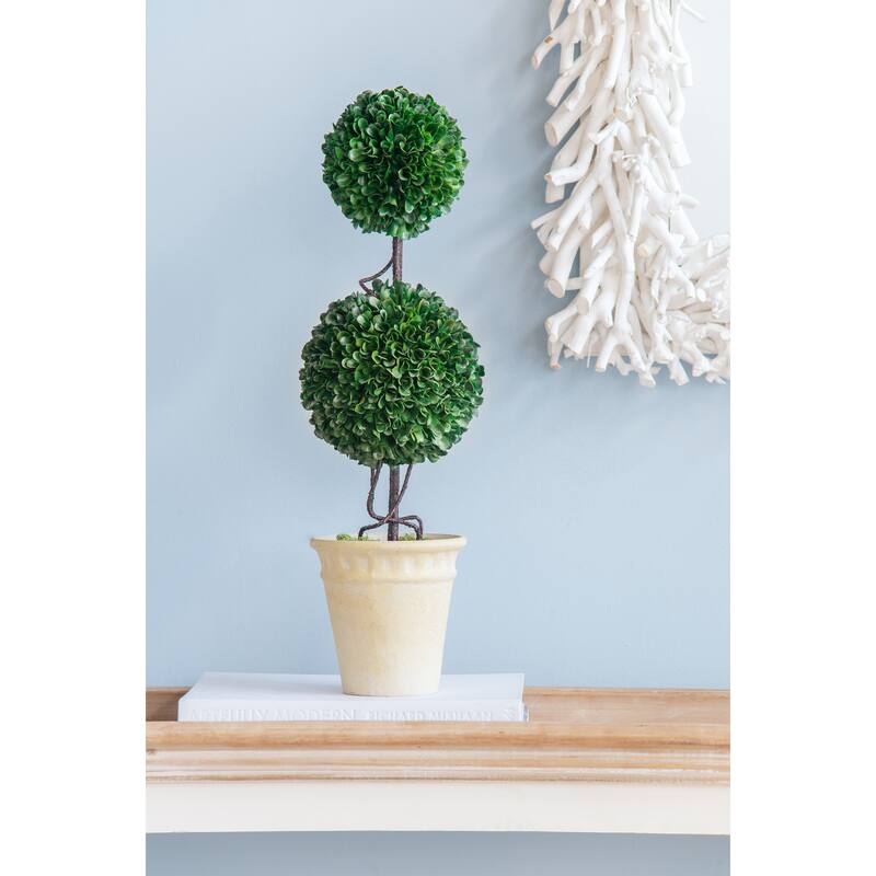 Two-Tiered Faux Boxwood Sphere Topiary in Cream Pot