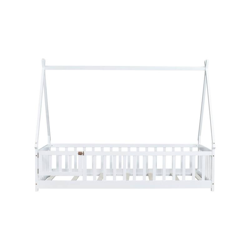 Twin Size Tent-shaped Floor Bed with Guardrails,Slats and Door
