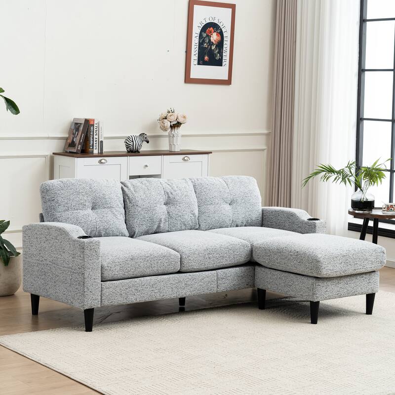 Convertible L-Shaped 3-Seater Sofa with Footstools and Storage, White+Black Metal Sofa for Living Room/Small Space