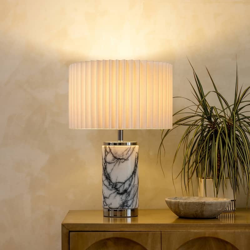 Brightech Arden 17 in. Marble Mid-Century Modern LED Table Lamp with Fabric Drum Shade and Built-In Charging Port