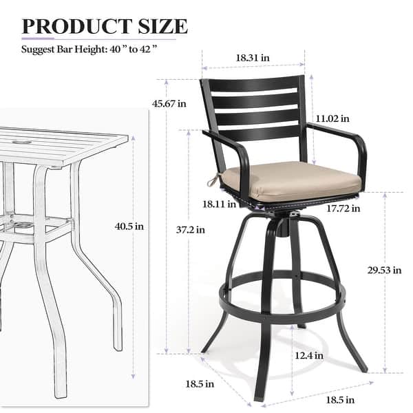 dimension image slide 4 of 6, 3/5-Piece Outdoor Bar Stool Set Aluminum Swivel Bar Stools with Sunbrella Cushion