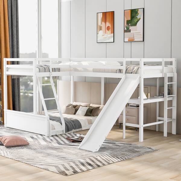slide 2 of 9, Twin over Full Bunk Bed with Desk and Slide,Full-Length Guardrail Twin Size Loft Bed. White