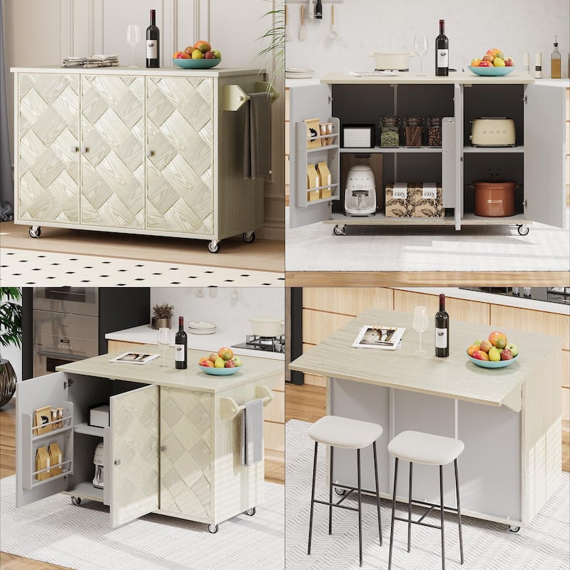 Modern 51.2" Kitchen Island with Drop Leaf and Handwoven Ash Veneer Doors, Internal Storage Racks on Wheels