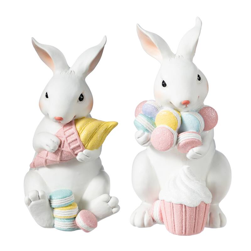 Glitzhome Easter Resin Bunny Holding Macaron Table Decor Stacked Rabbit Figurine - Bunny Holding Macaron