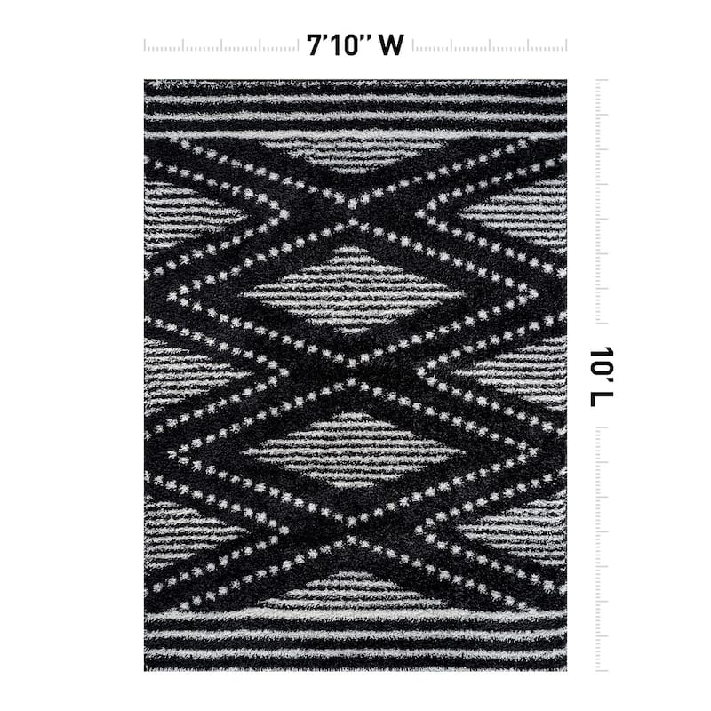Geometric Shag Area Rug - Durable for Living Room, Bedroom - Polyester with Jute Backing - Anthracite Dark Gray and White