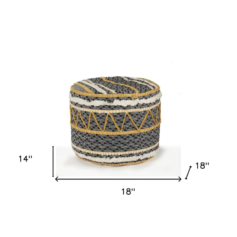 Contemporary Black Yellow Pouf Ottoman 14-Inch Seat Height Cotton Upholstered Lightweight Accent