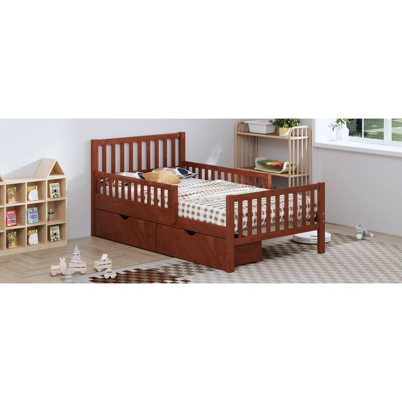 Twin Size Pinewood Platform Bed with Dual Guardrails, 2 Storage Drawers and 300lb Capacity