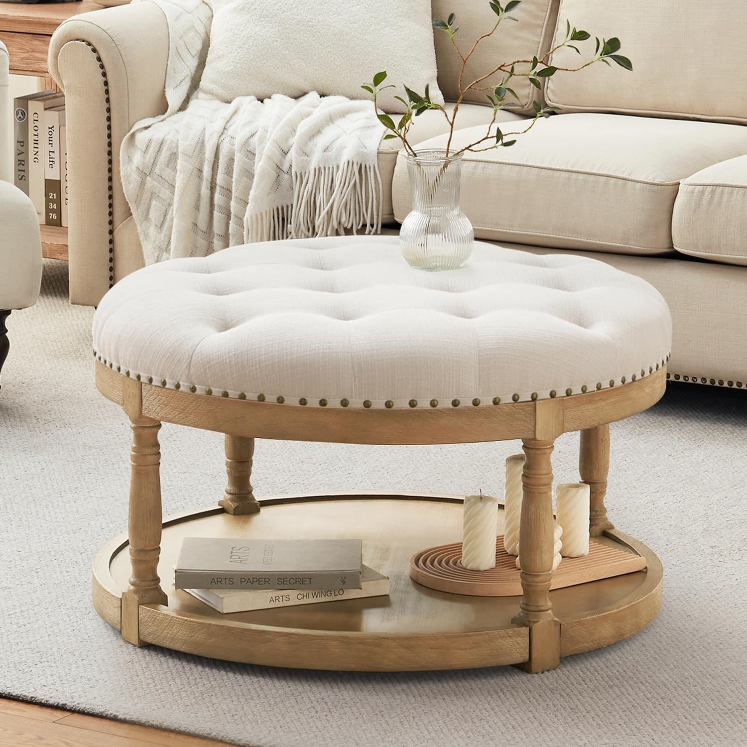 Large Round Ottoman Coffee Table with Storage, Button Tufted Linen Footrest and Wood Shelf, Farmhouse Style