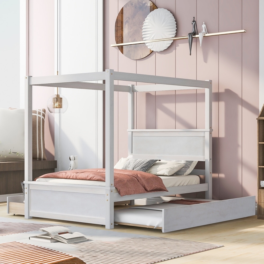 Wood Canopy Bed with Trundle Bed and two Drawers