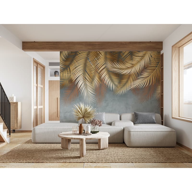 Tropical Palm Leaf Wallpaper Mural - Yellow - W:225" x H:118"