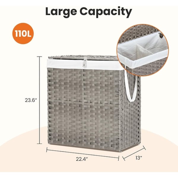 dimension image slide 1 of 4, Laundry Hamper with Lid, Synthetic Rattan Clothes Laundry Basket with Lid and Handles, Foldable, Removable Liner